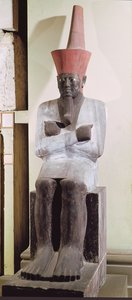 Estátua, de, Mentuhotep, II, entronado, e, desgastar, a, vermelho, coroa, de, egito inferior, levado, de, a, mortuário templo, de, Mentuhotep, ii, em, Deir, el-Bahri, reino médio, (painted, sandstone)
